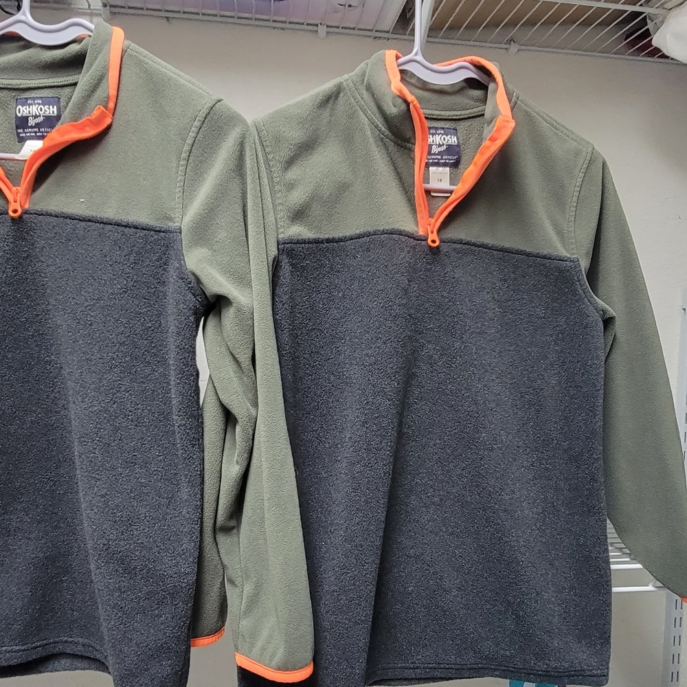 Osh Kosh size 14  half zip micro fleece green gray pullover with orange trim!